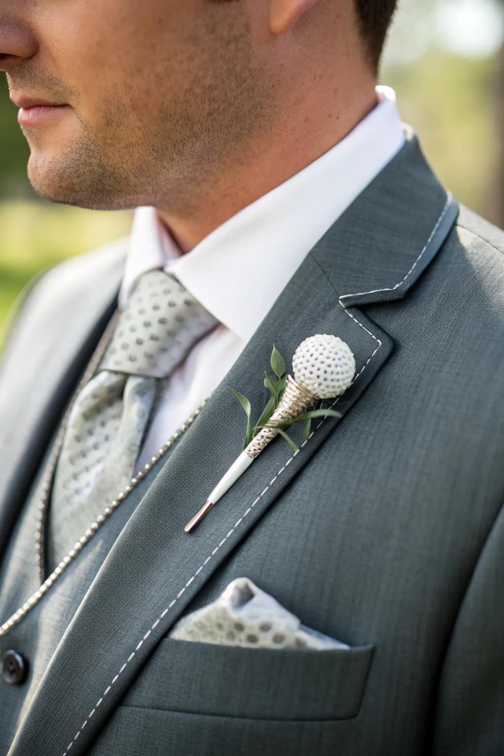 A stylish tee lapel pin incorporates a personalized element to the wedding attire.