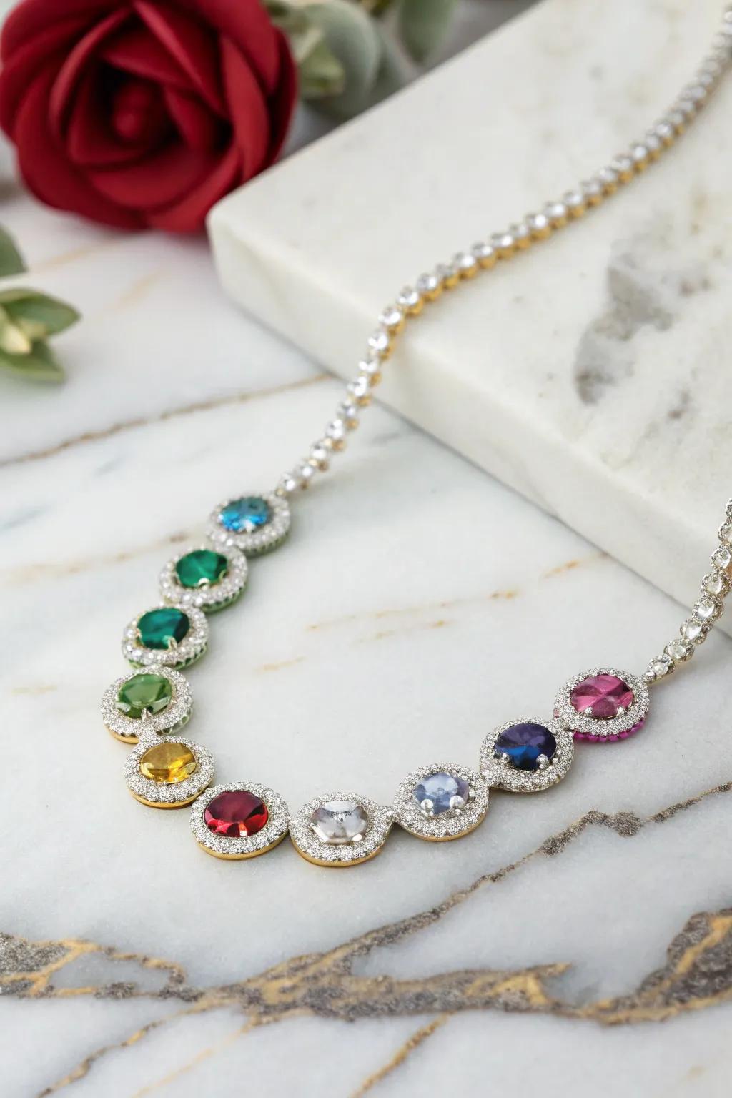 A lively necklace embellished with gemstones, symbolizing each grandchild.