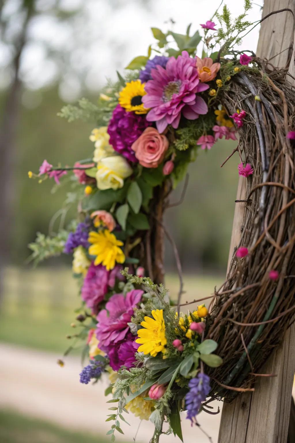 A lively natural fiber wreath with bursts of colorful blossoms.