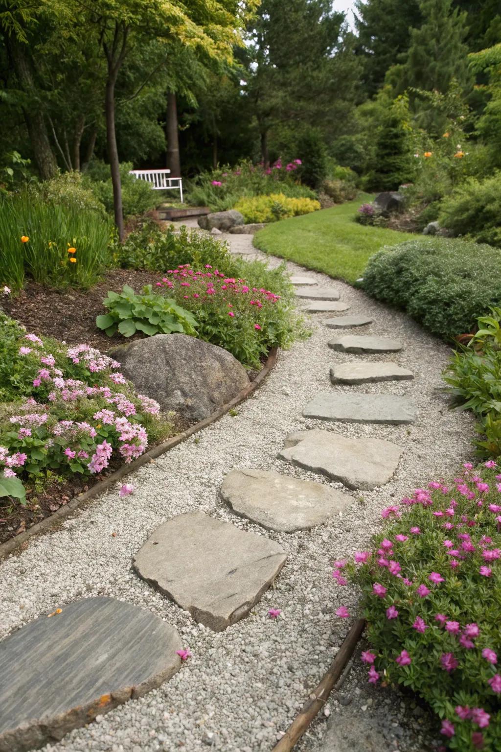 Pavers meandering amidst a stone-themed garden