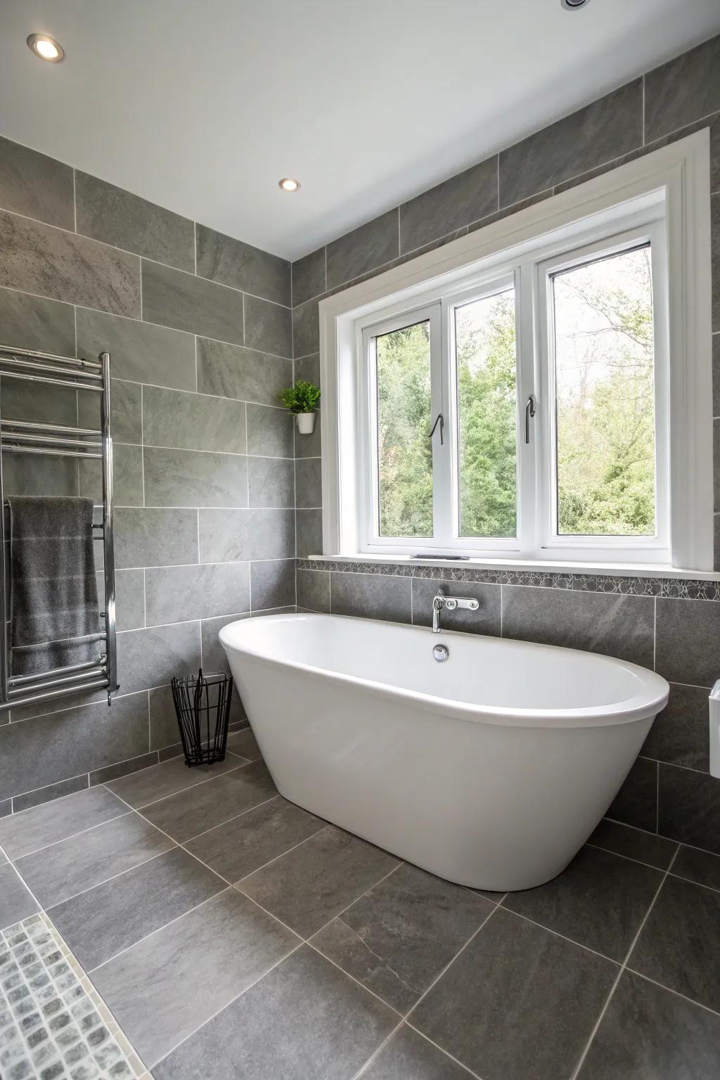 A standalone tub represents supreme luxury in a gray and white bathroom.