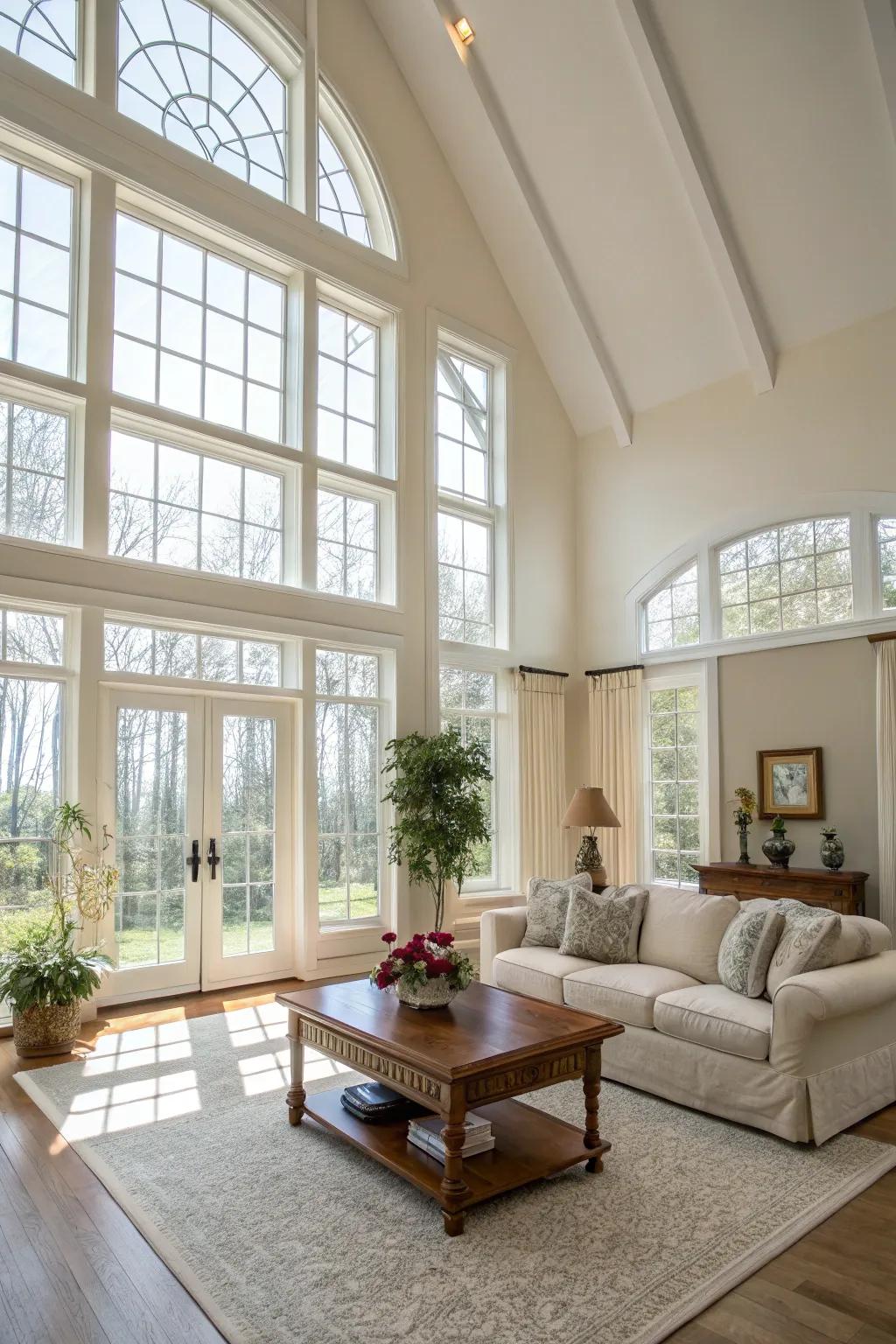 Elevated ceilings enhance the room's openness and light.