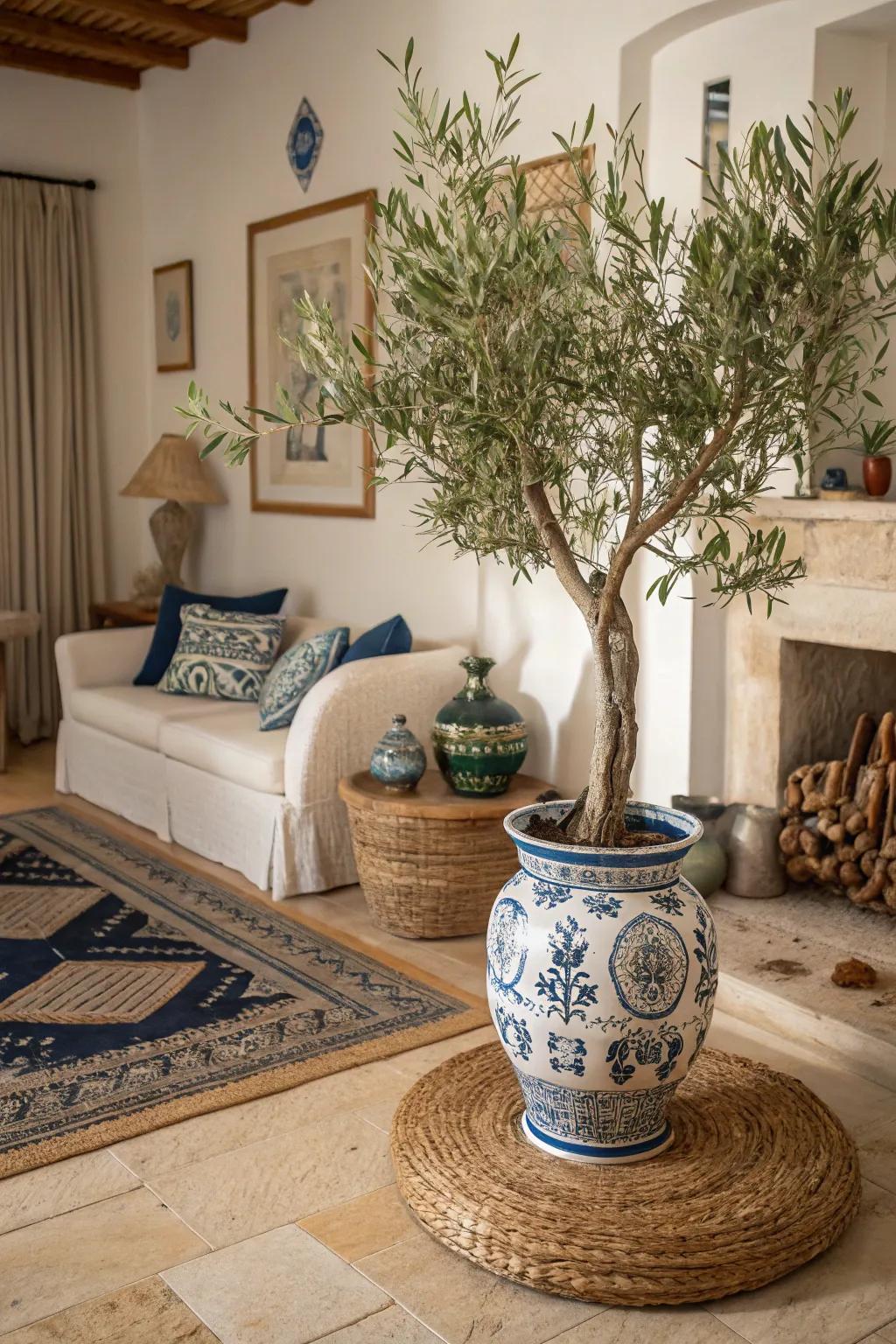Mediterranean flora such as olive trees lift the Hellenic design.