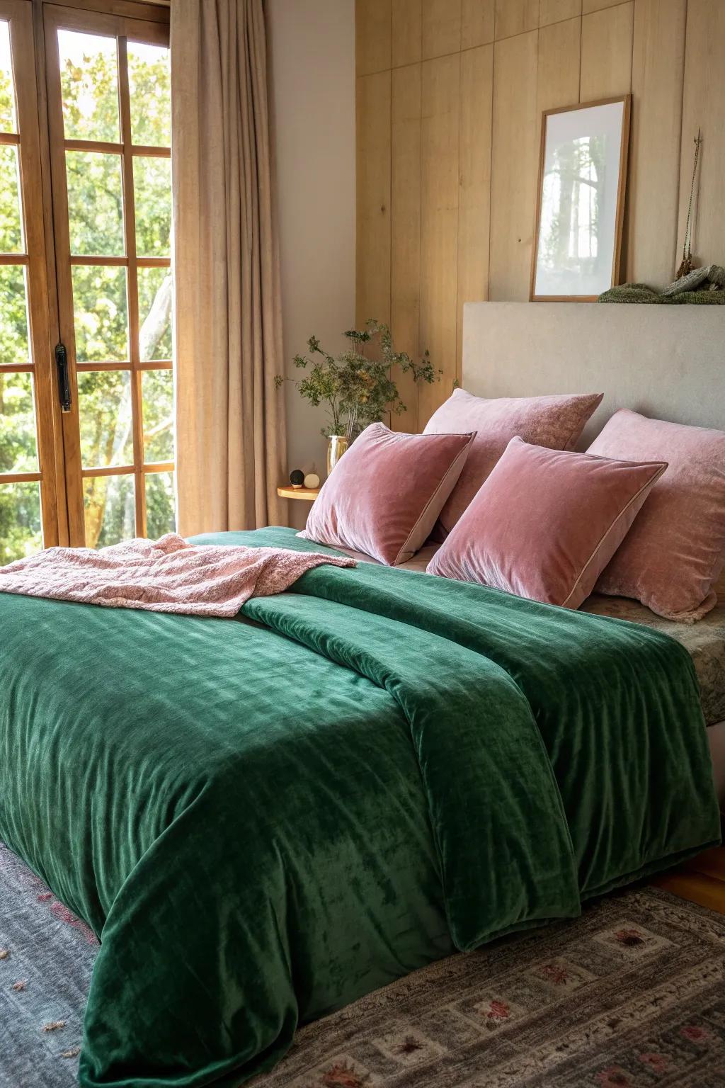 Luxe bedding in verdant and rosy hues exudes luxury and comfort.