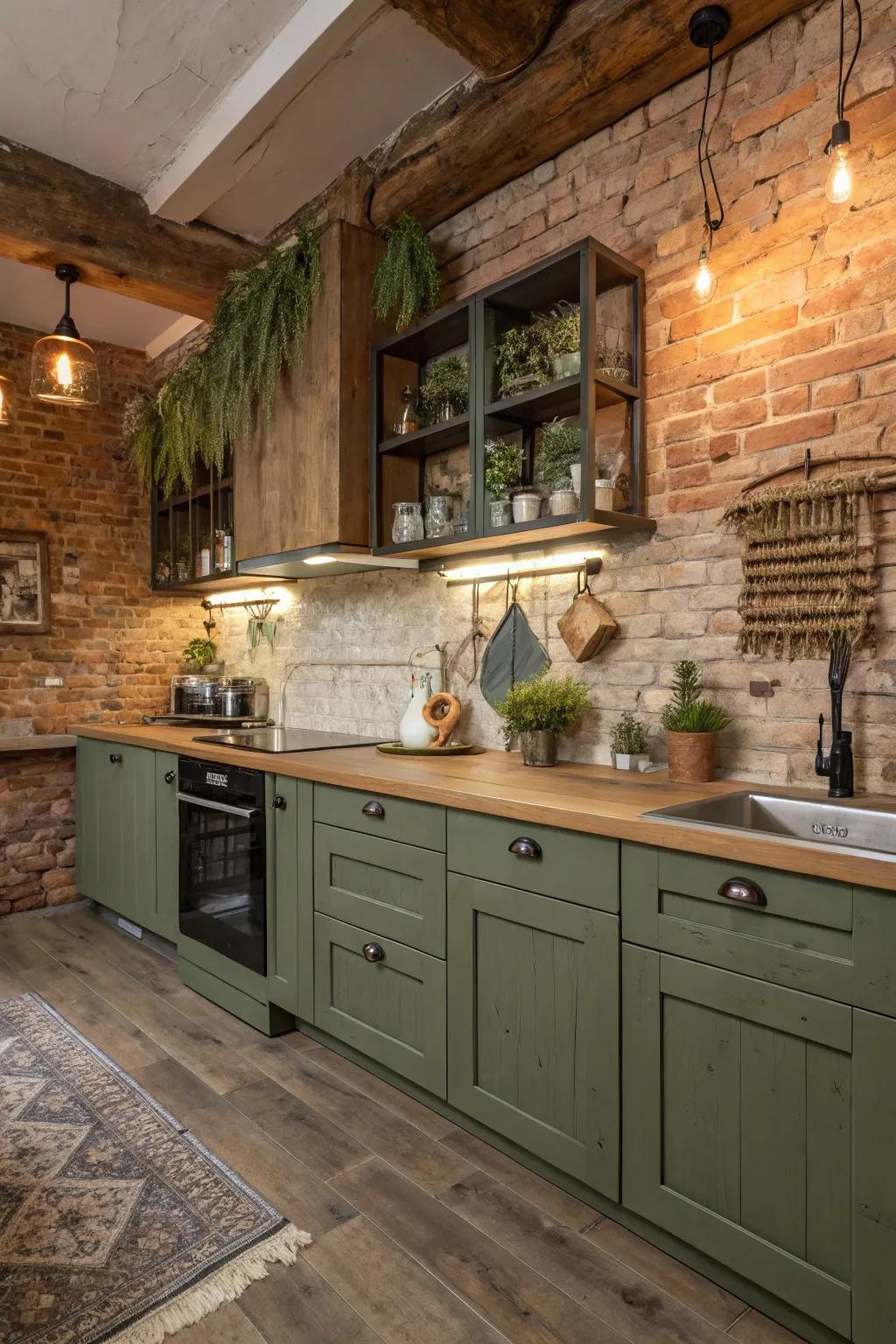 Country kitchen refuge showcasing fern cabinets and inviting textures.