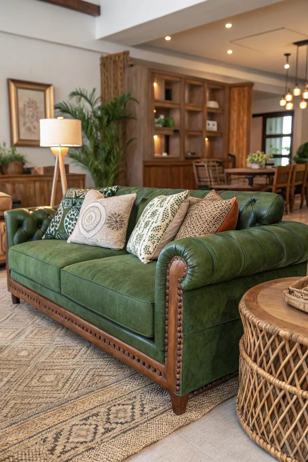 Uniting surfaces enriches the overall impression of a lounge featuring an emerald sofa.