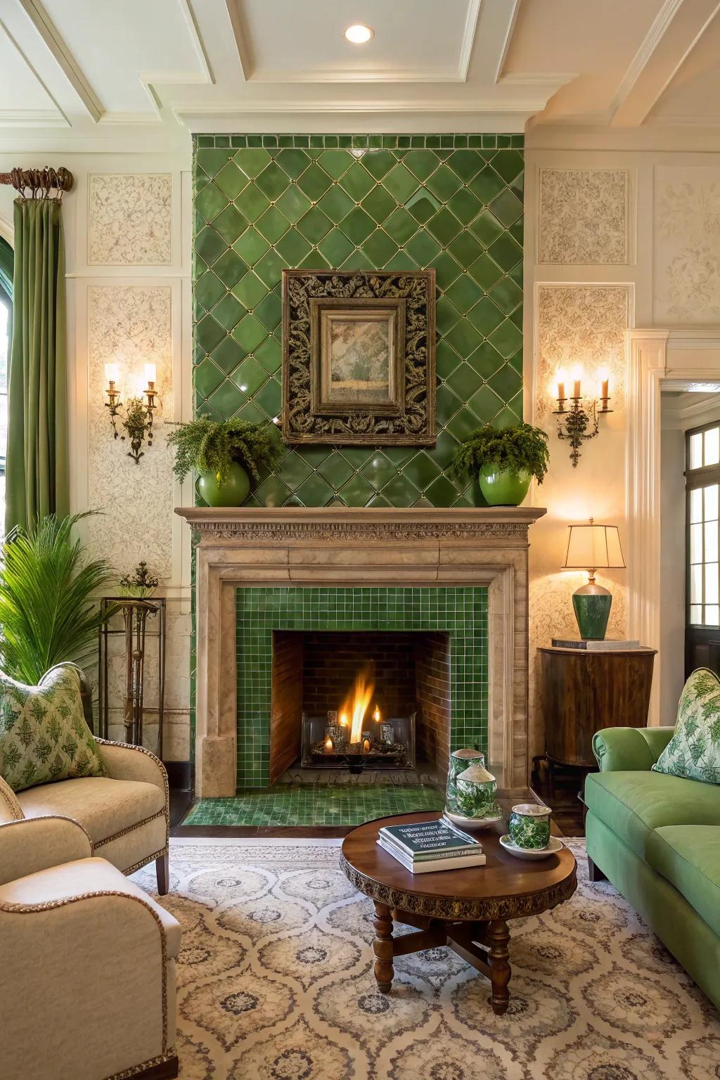 A fireplace beautifully enhanced by the detailed touch of green tile accents.