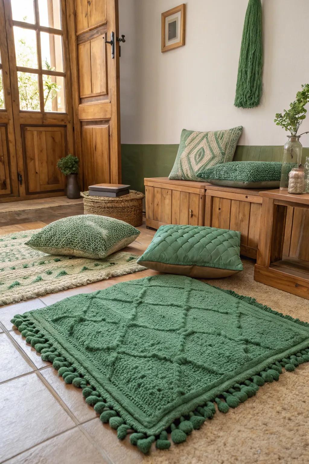 Textured green features enrich the room's visual appeal.