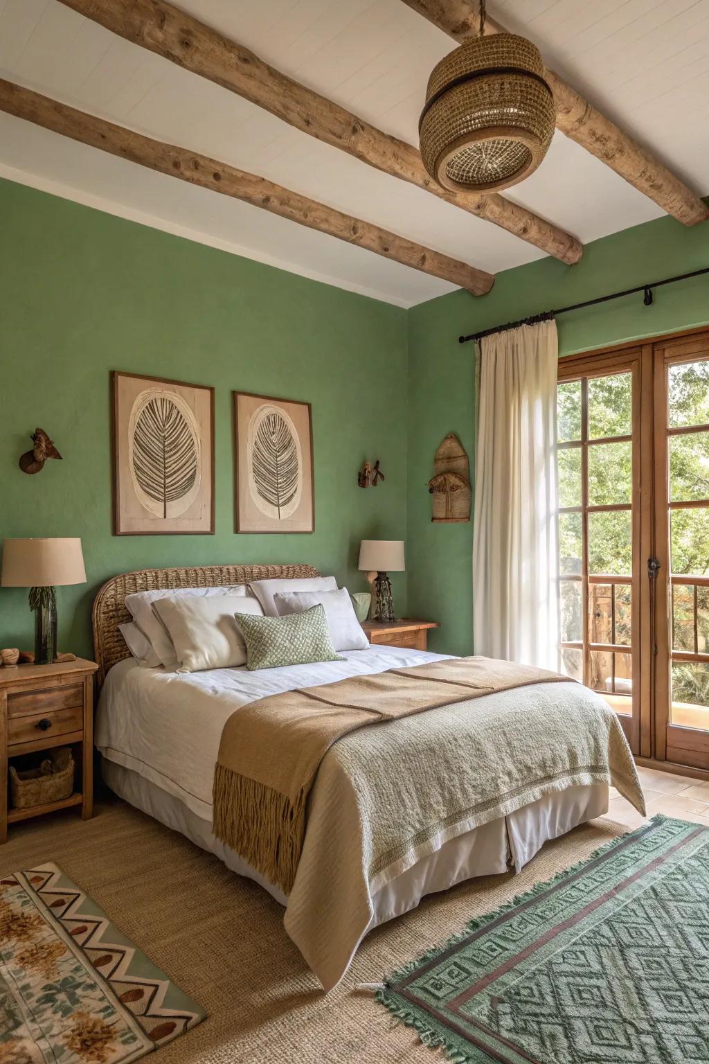 A snug bedroom with green walls and earthy natural decorations.