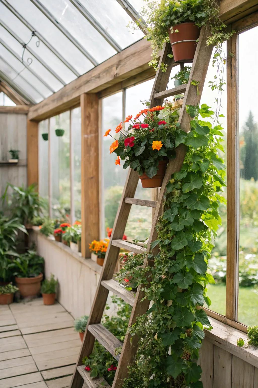 Elegant upright shelving exhibiting trailing plants.