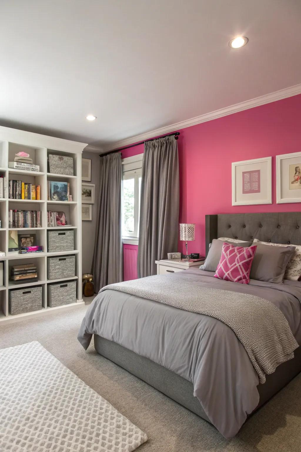 A pink accent wall provides a striking focal point in any bedroom.