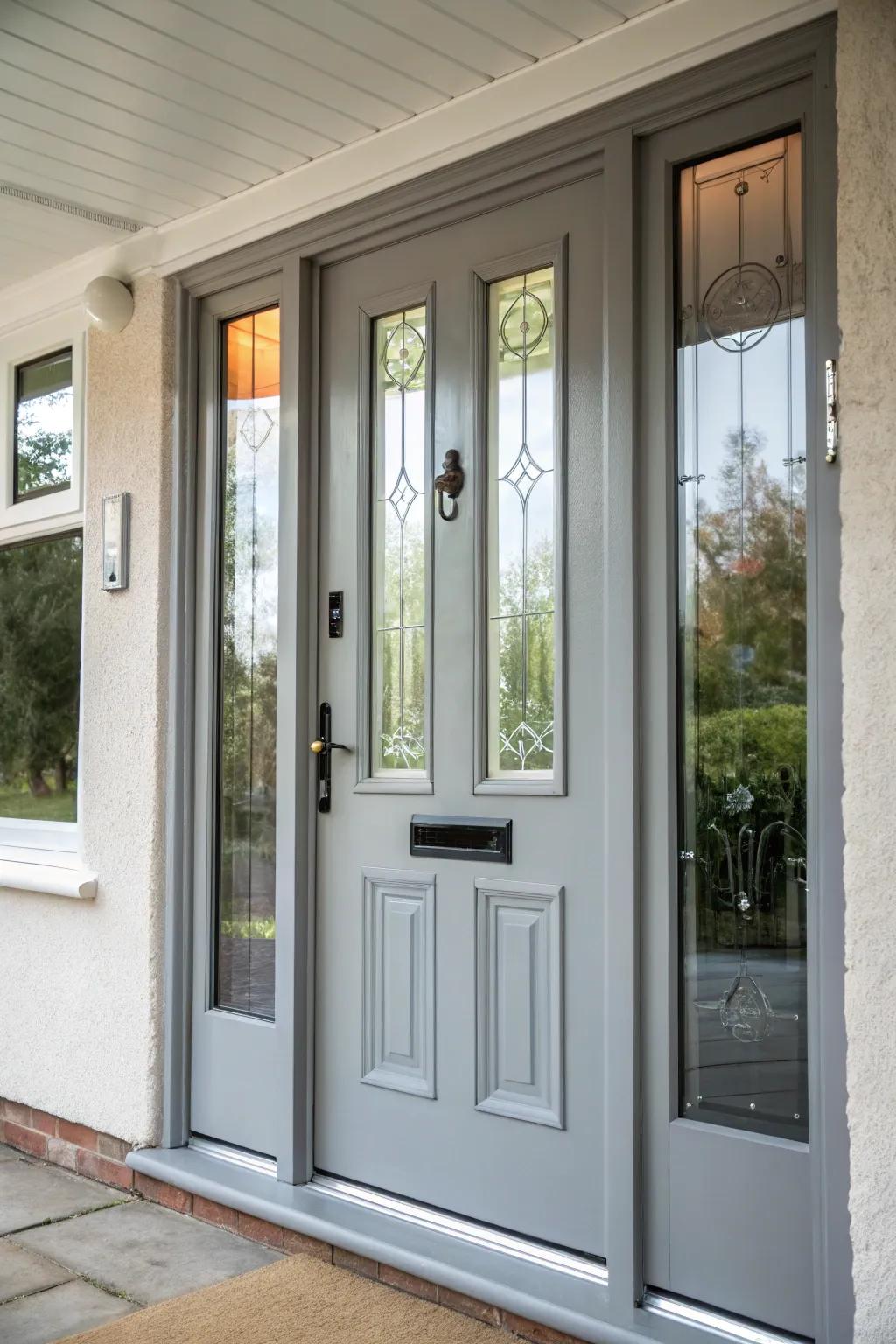 Glass details brighten up this grey composite door, resulting in an inviting entryway.