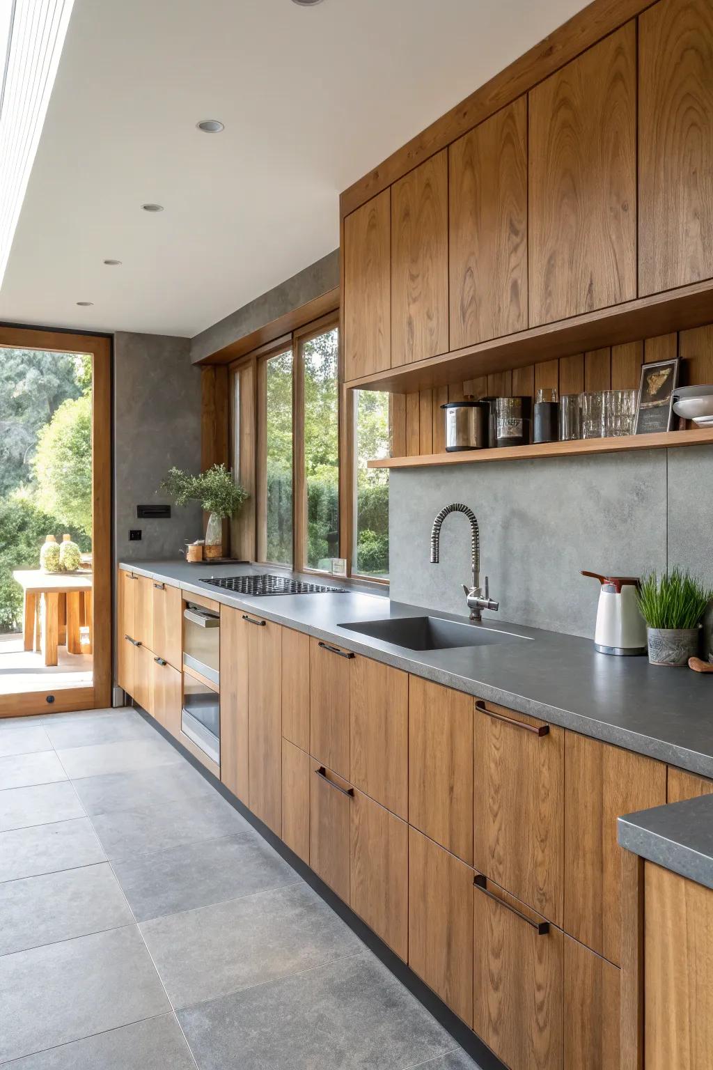 A cooking area featuring textured grey surfaces and cozy accents.