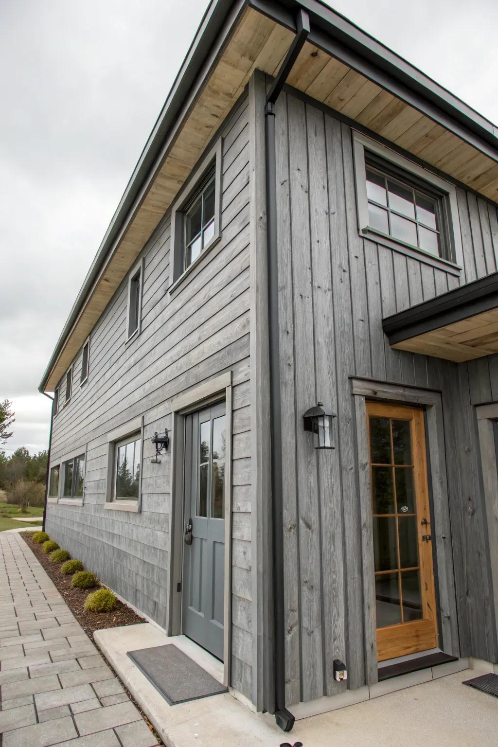 A textured silver facade featuring cedar and metal elements.