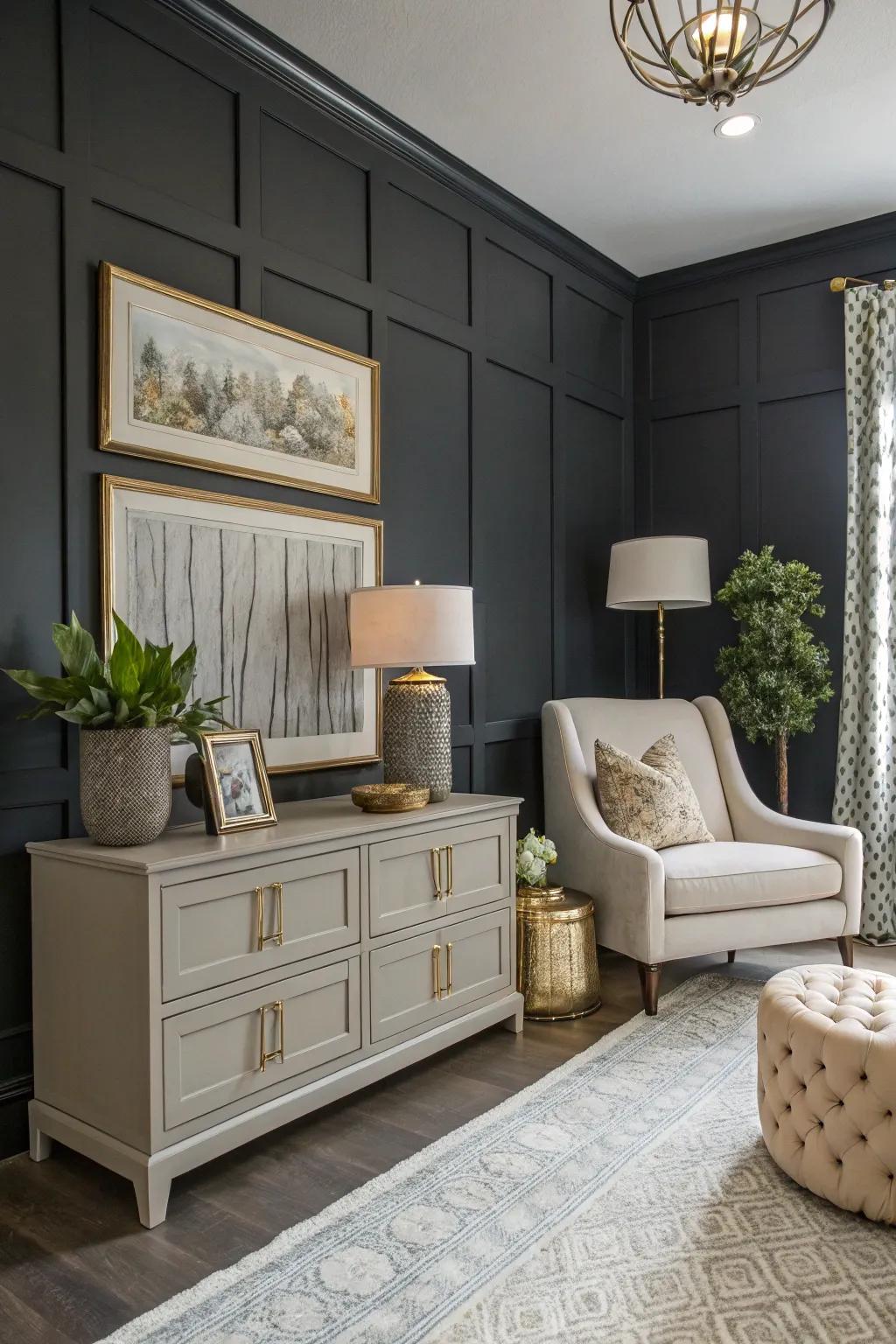 Striking grey emphasized wall matched with light furnishings.