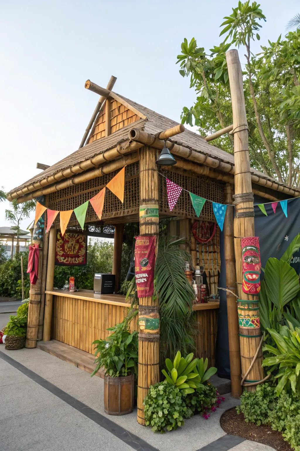 A Tiki-themed barbecue shelter that infuses your backyard with a tropical atmosphere.