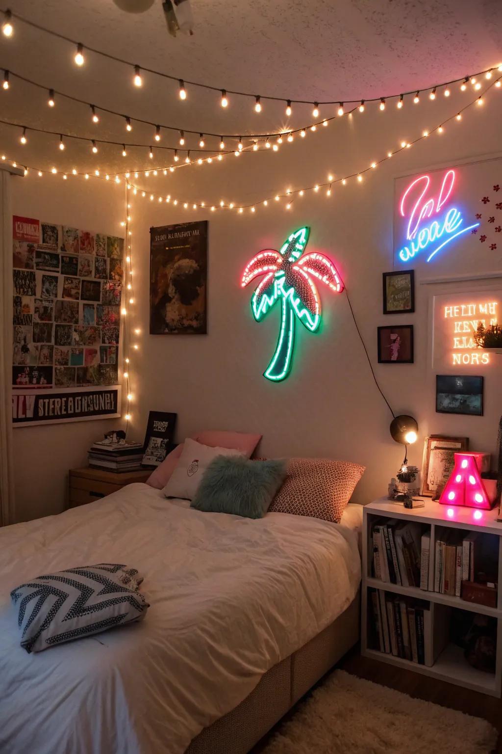 Fairy lights and neon lights bring a fun twist to your room.