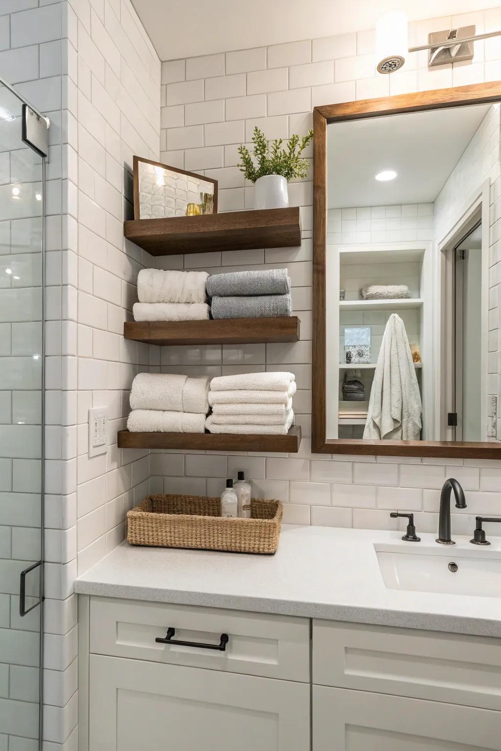 Floating shelves give a modern vibe to towel presentations.