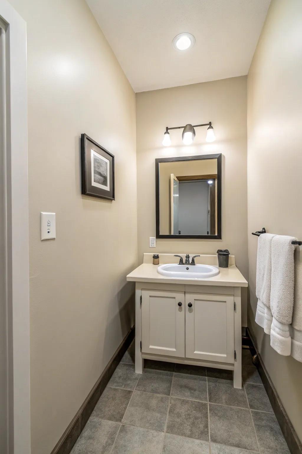 The pinnacle of minimalism: a guest bathroom that’s both uncluttered and useful.