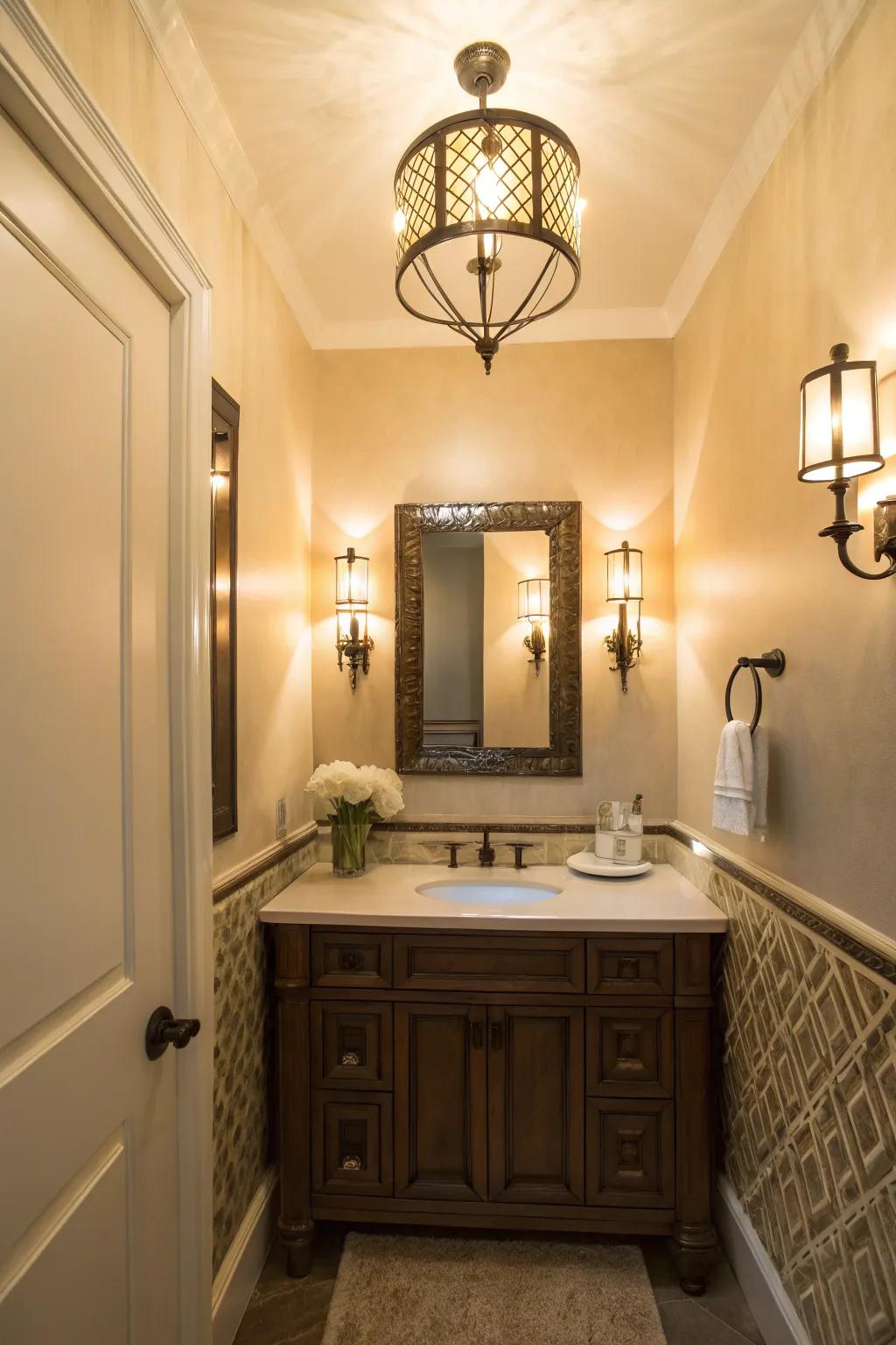 Use illumination to inject character and warmth into your powder room.