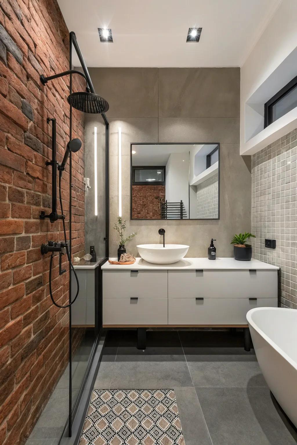 A modern washroom with a half brick wall, displaying modern sophistication.