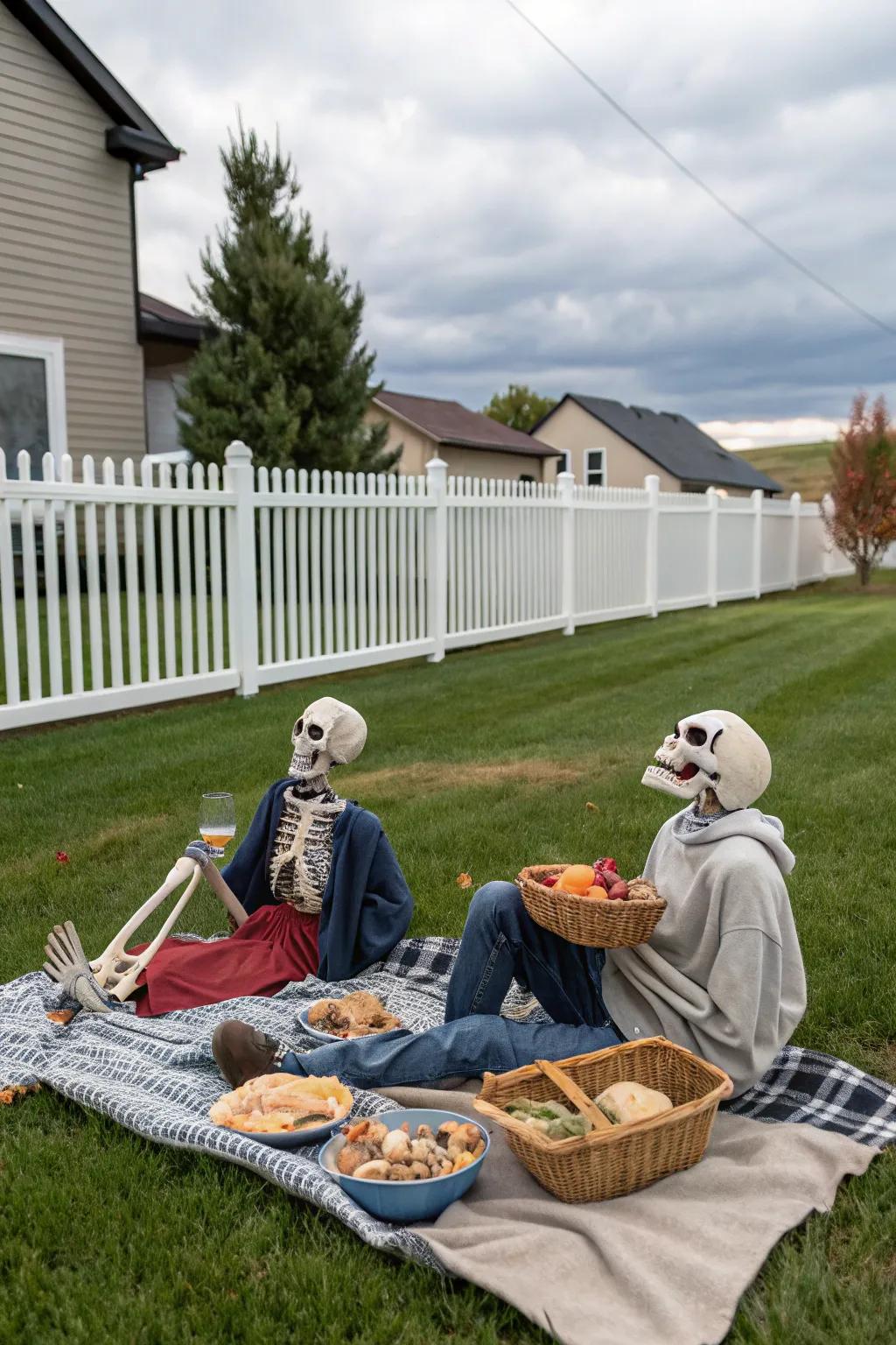 A whimsical skeleton gathering adds fun to your Halloween decor.