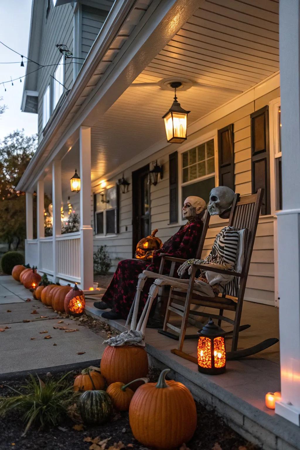 Porch decor with skeletons provides a warm greeting for Halloween visitors.