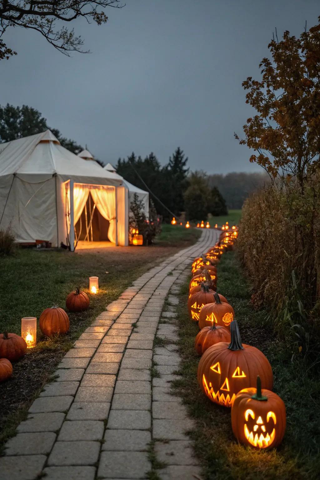 Illuminate the path using an etched gourd route to your Halloween tent.