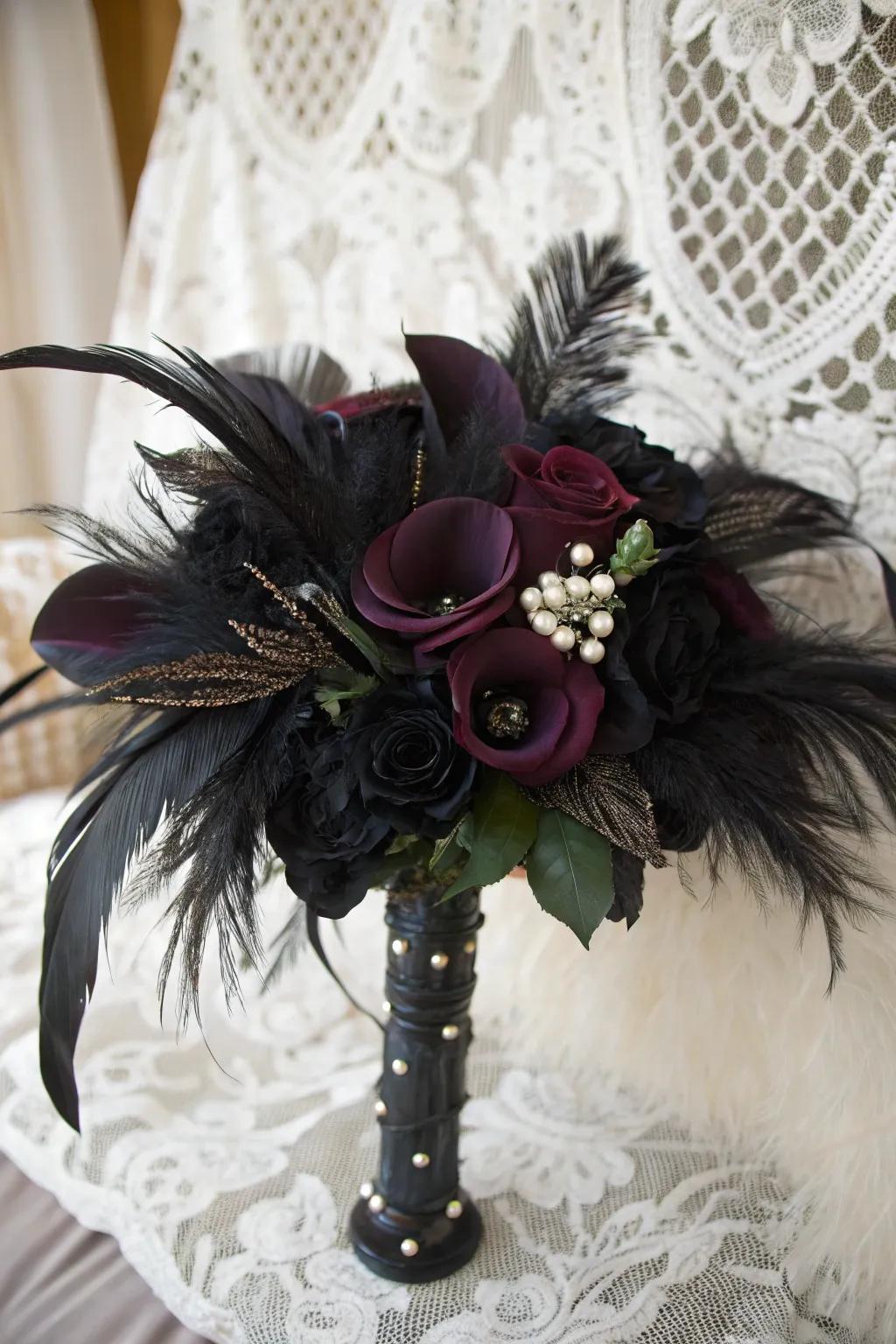 Plumes provide an unparalleled, ethereal aspect to Halloween wedding bouquets.
