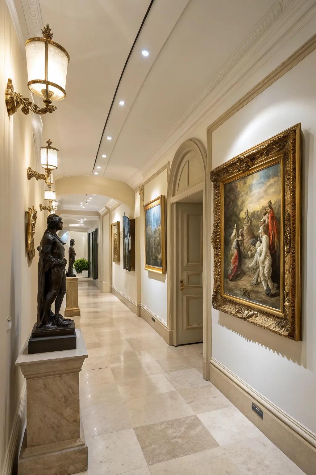 A mix of diverse art forms infuses corridors with character.