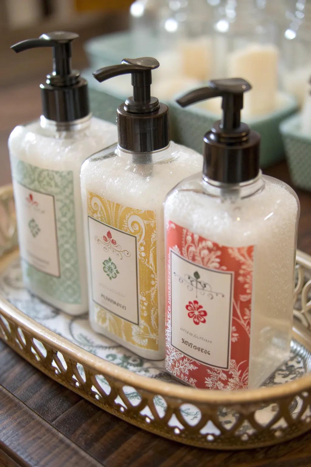 Bespoke-stickered cleansing gels prepared for gifting.