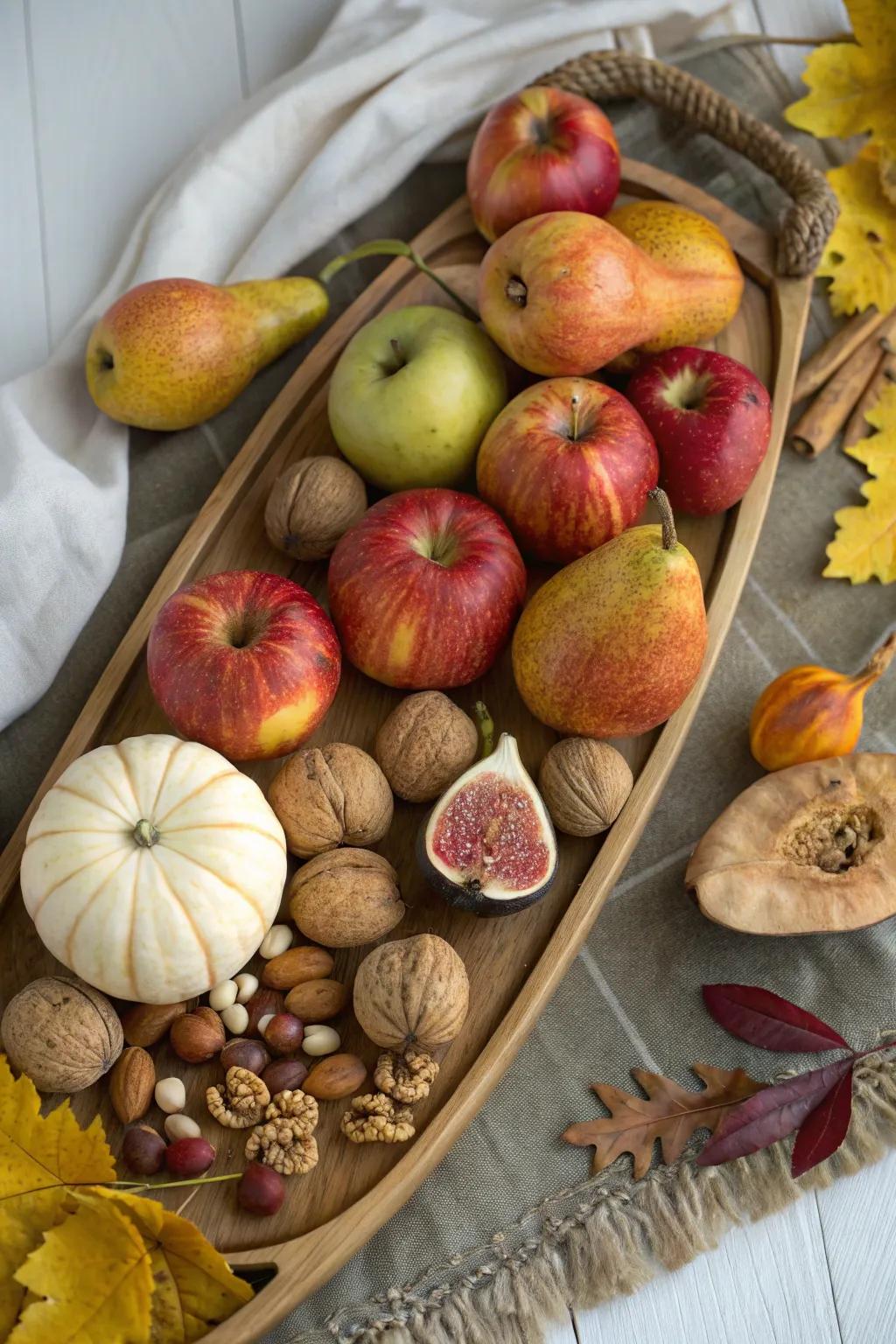 An ample harvest plate showcasing seasonal fruits and nuts.
