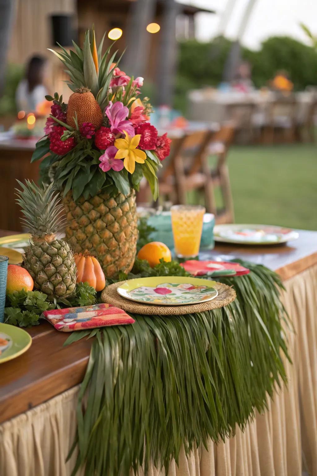 Raffia skirts offer a tiki impact to your dining enjoyment.