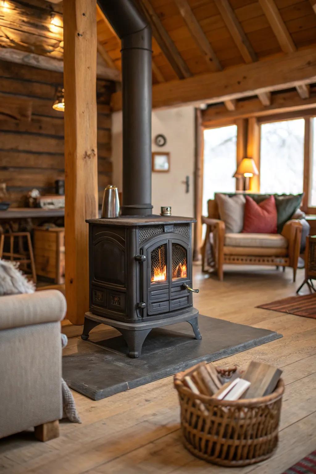 A cozy interior displaying a typical timber-burning heater, resulting in a lodge-like ambiance.