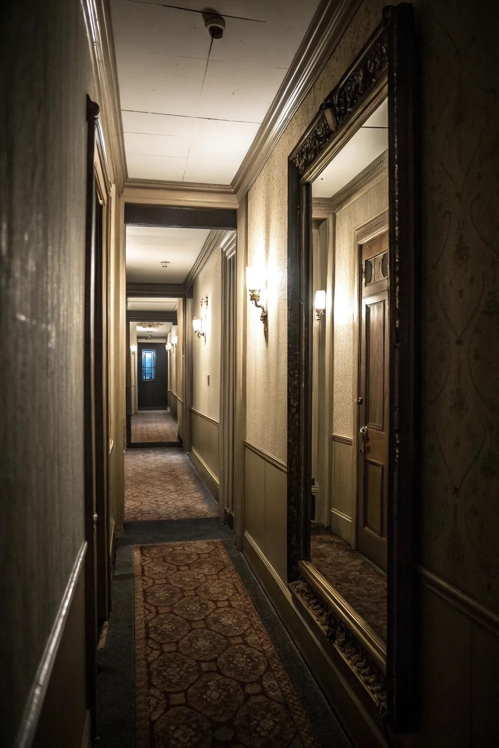 A hidden mirror door in a hallway enriches depth and fascination.