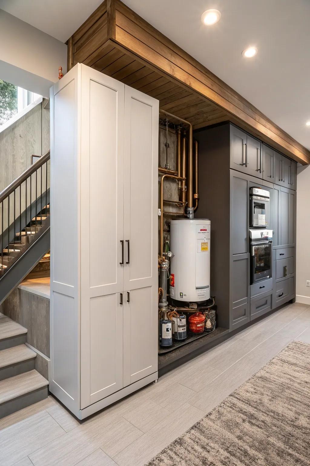Custom cabinets that fit just right around a climate control system and water heater.