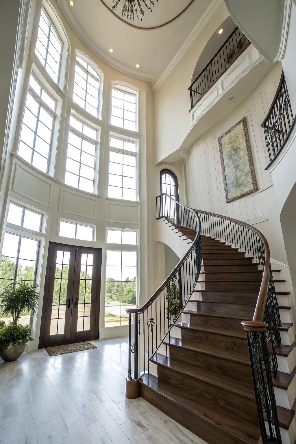 An impressive stairwell enhances the grandeur of the entryway.