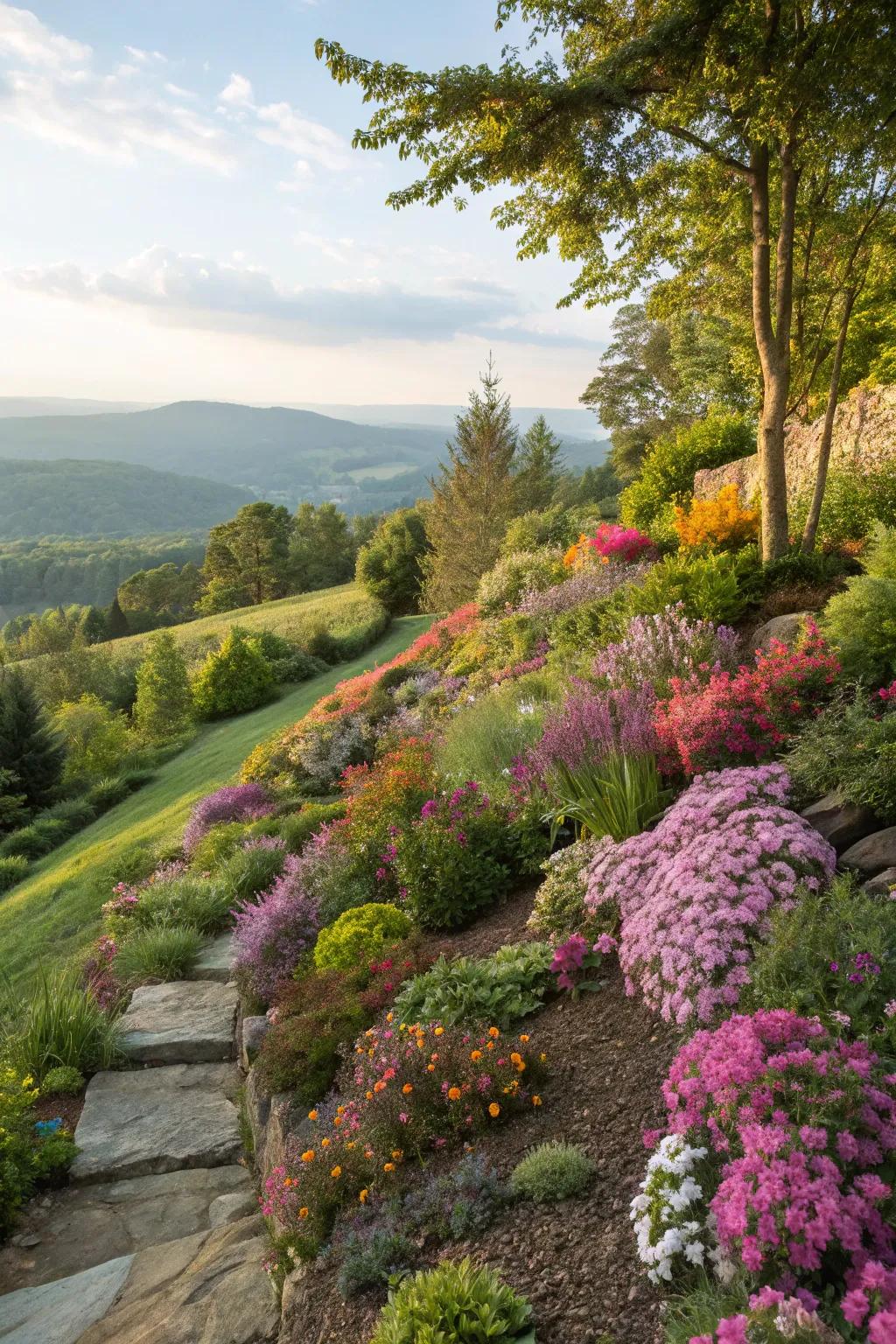 A variety of vibrant plants can turn a hillside into a lively garden.