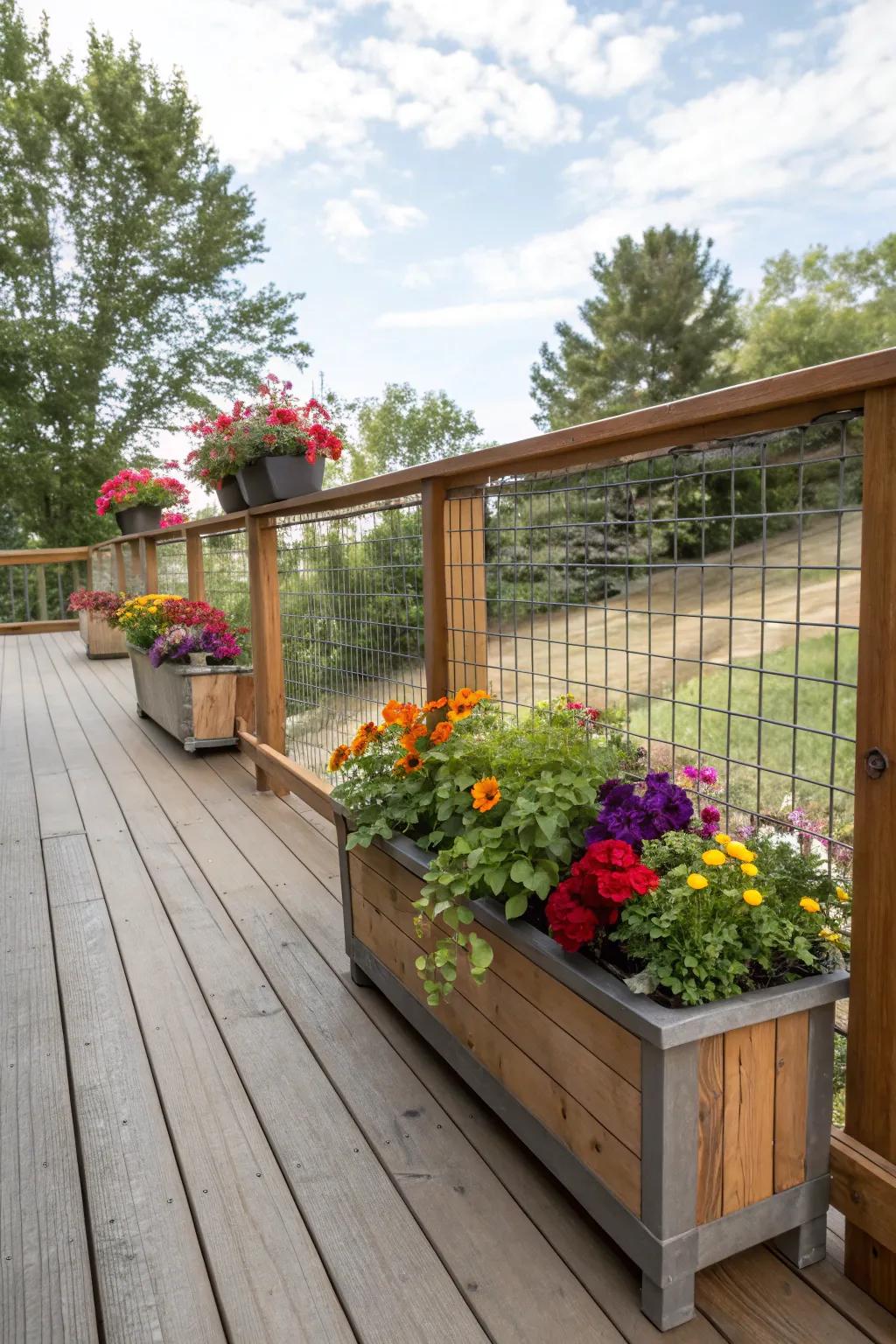 Planters add a splash of color and life to hog wire railings.