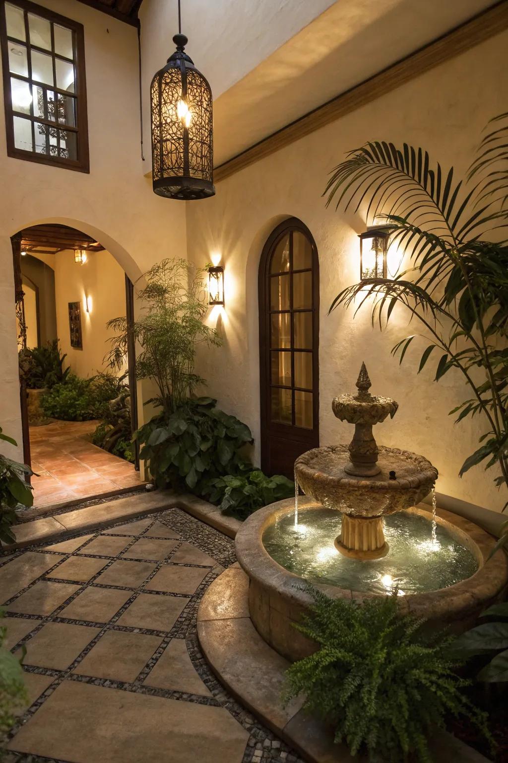 A serene sun court featuring a tranquil bubbler centerpiece.
