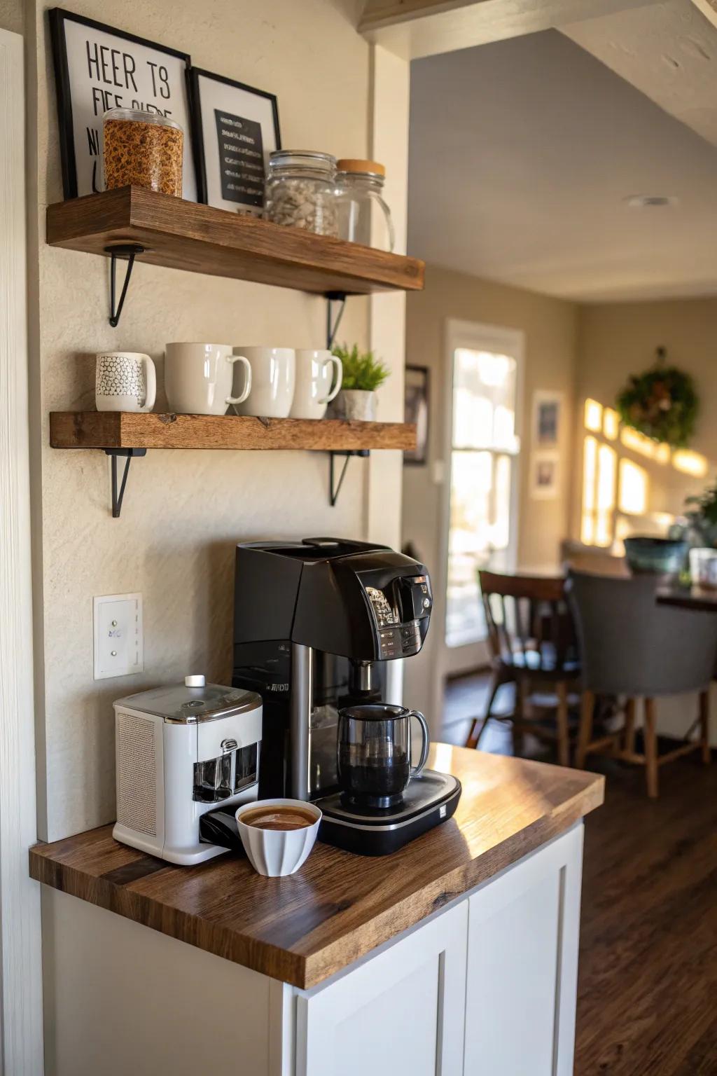 A small corner coffee station provides an inviting retreat for coffee moments.