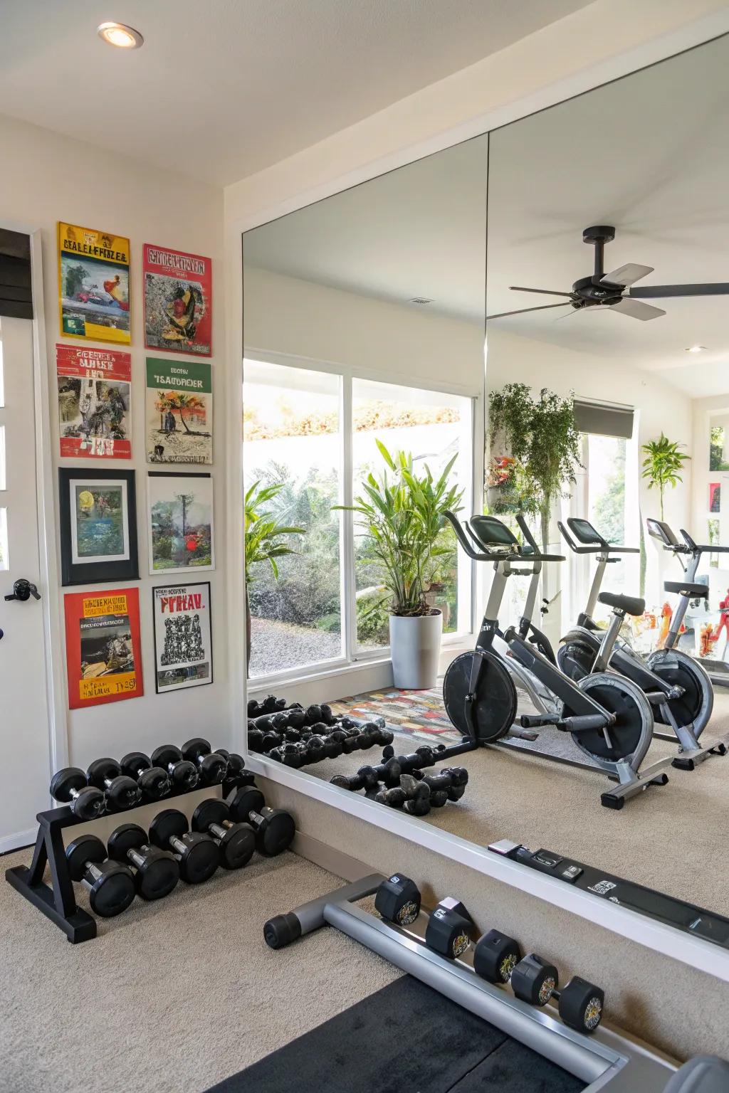 The functionality of this gym is improved by the integration of mirrors with equipment.