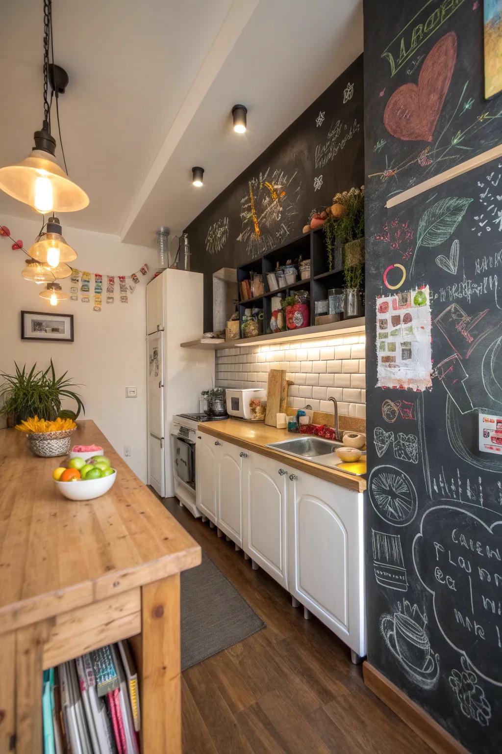 A chalkboard wall adds function and creativity to any kitchen.