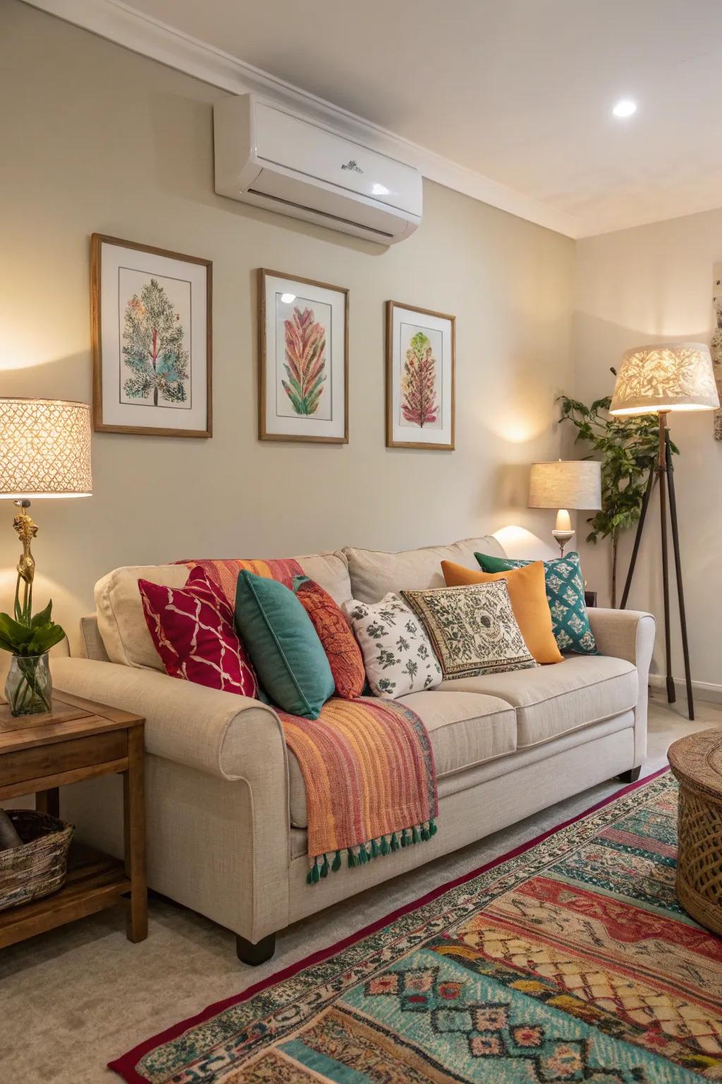 Cushions brimming with color breathe vitality into a family room of neutral tones.