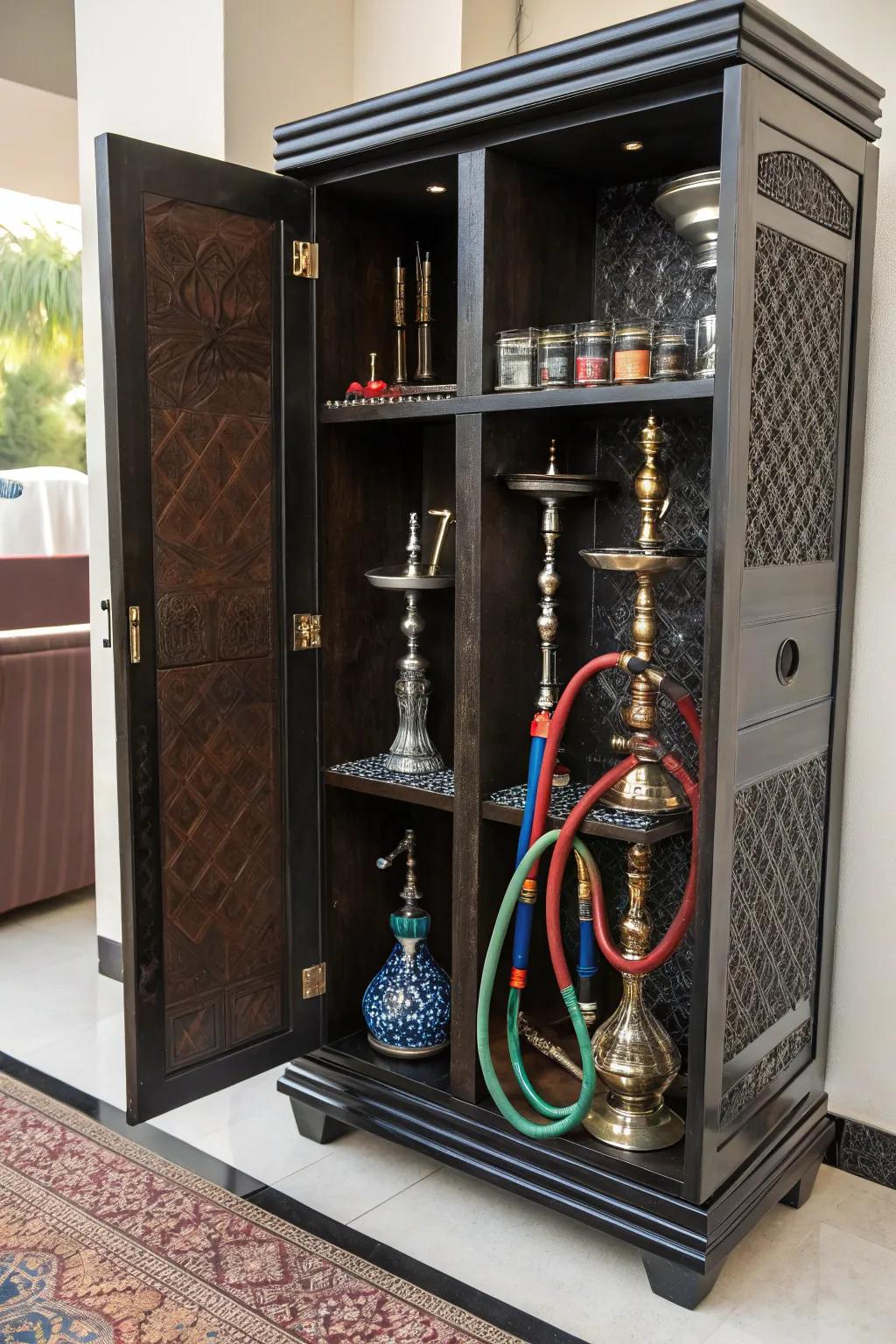 An attractive cabinet neatly hides and organizes smoking provisions.