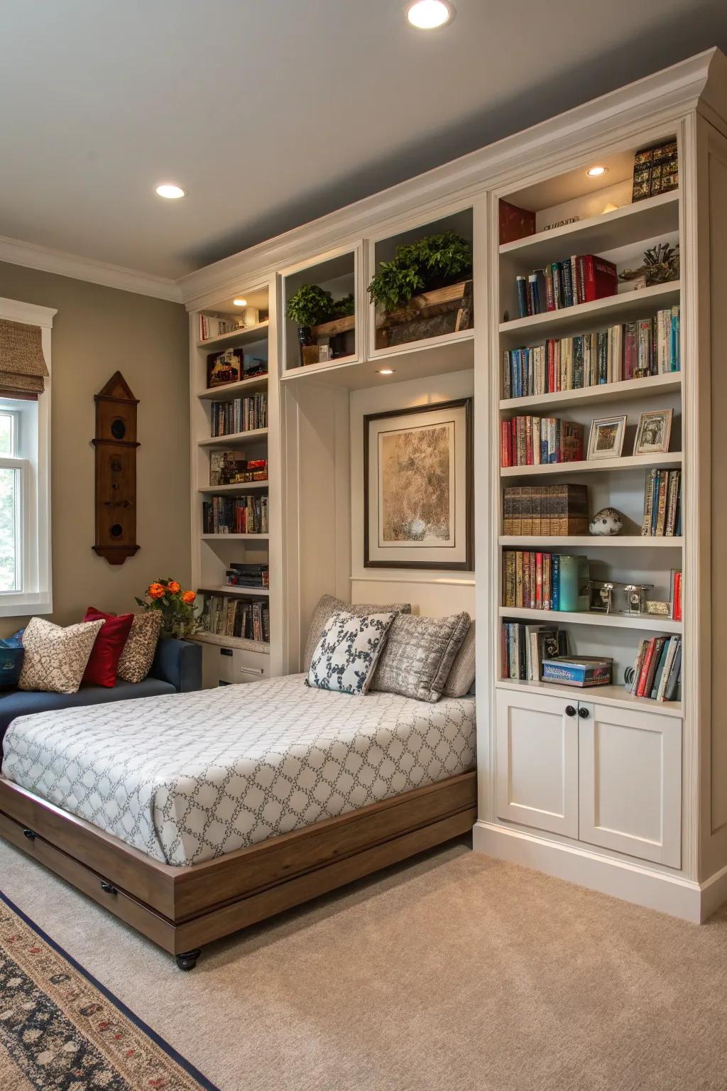 A foldaway bed tucked behind fashionable bookshelves, combining storage with sleeping space.