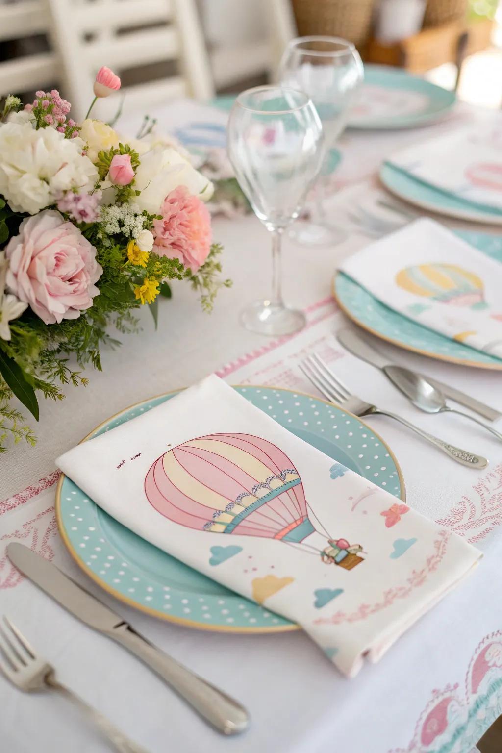 An appealing table arrangement showcasing hot air balloon themed components.