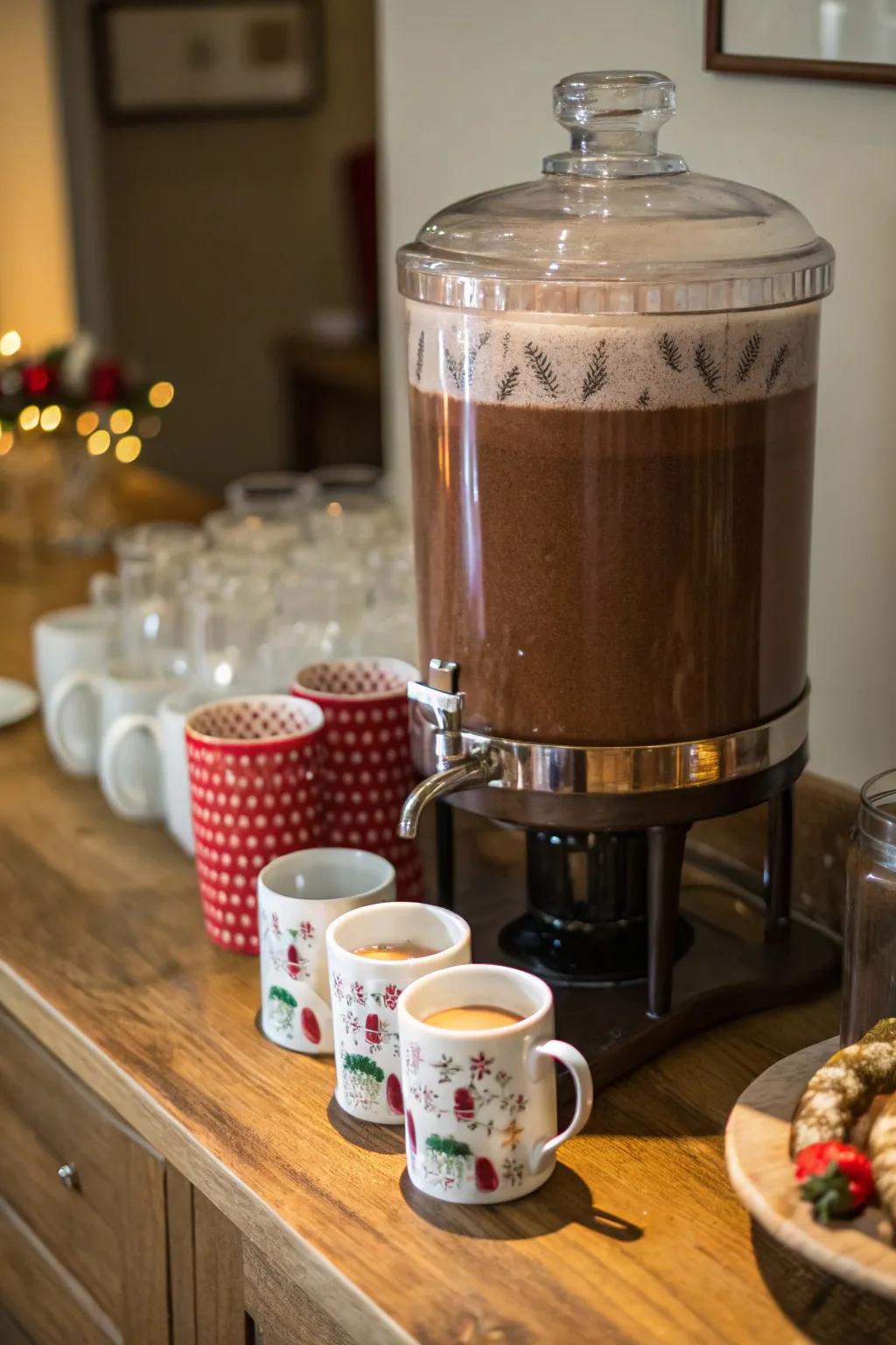 A hot chocolate server paired with an assortment of celebratory cups.