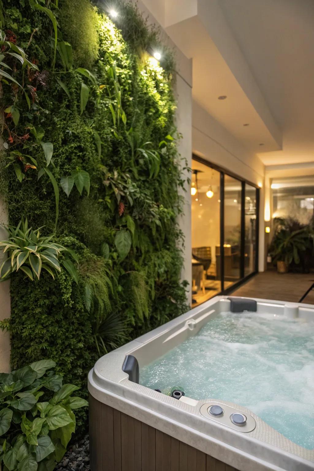 A vertical botanical wall offers natural privacy and aesthetic charm.