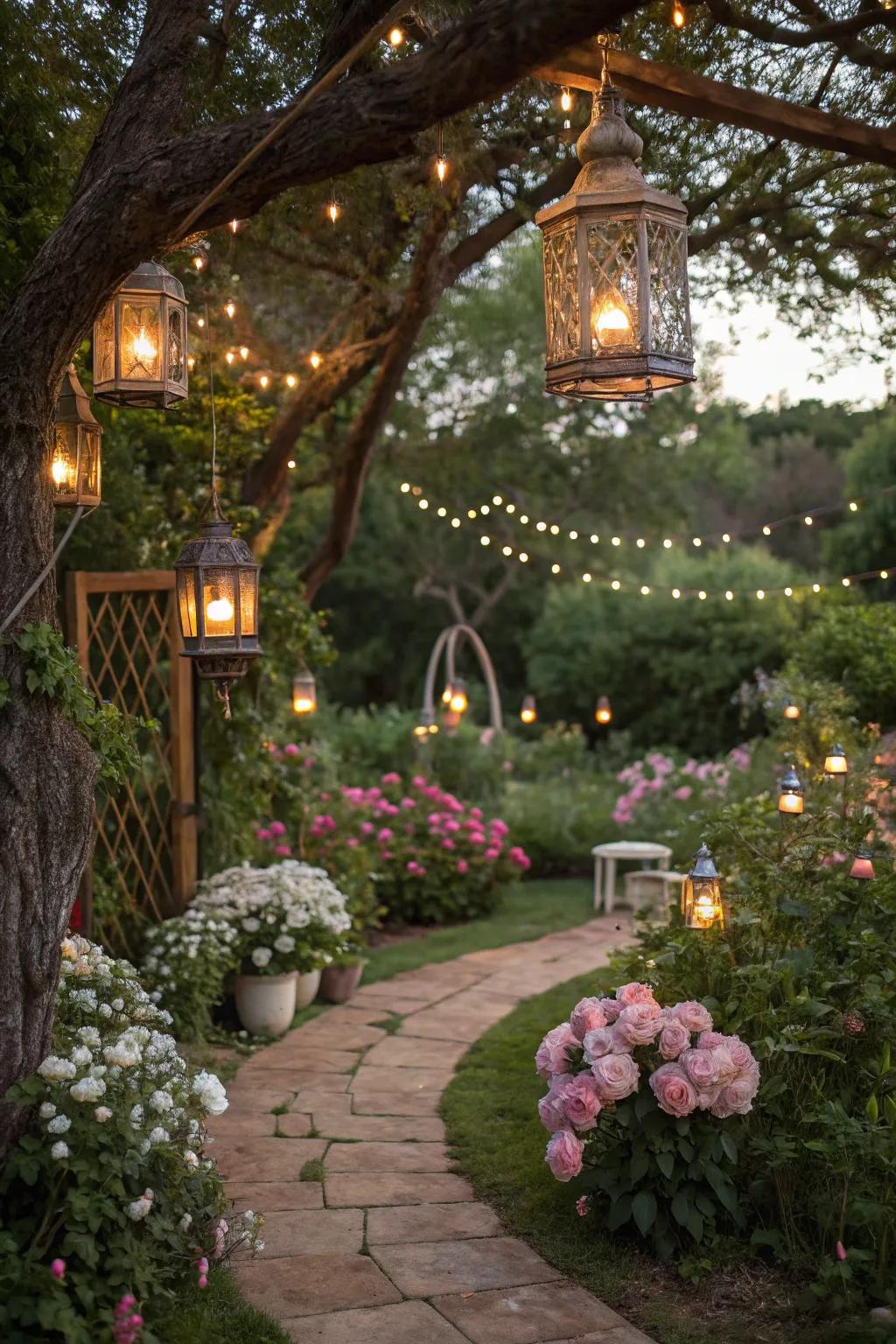 Conjure a captivating open-air retreat using hanging illuminaries and sparkling lights.
